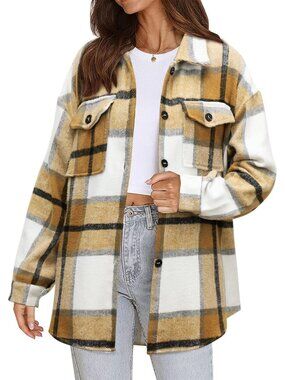 〽️Women's Khaki Flannel Plaid Button Down Brush Pockets V-Neck Winter Jackets